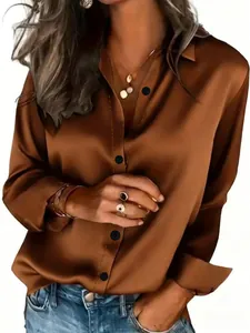 Elegant women's brown satin long-sleeved button-down shirt with glossy finish