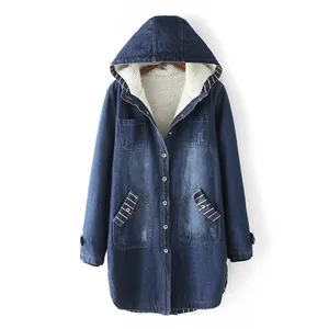 Detail view of women's hooded denim coat with warm fleece lining for winter wear