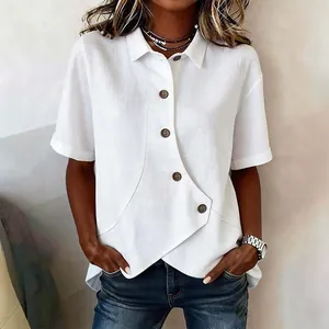 Women's casual white short sleeve blouse with asymmetrical button design and collar.