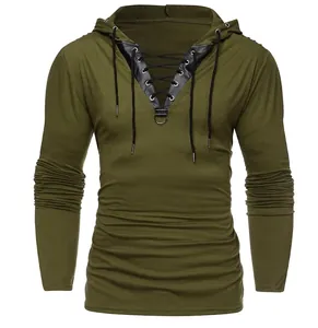 Felpa con cappuccio vintage verde oliva da uomo con inserti in pelle e lacci sul collo