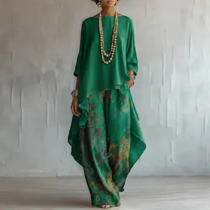 Elegant women's green tunic and floral wide-leg pants casual two-piece set