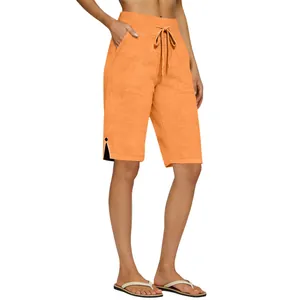 Short décontracté en coton et lin orange pour femme avec taille élastique à cordon