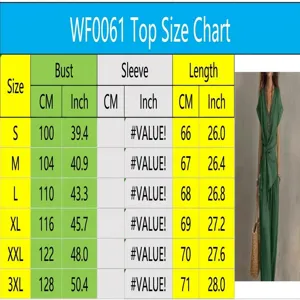 Detailed size chart for green V-neck top with tie waist and solid color pants set