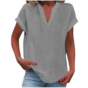 Detail view of casual grey V-neck short sleeve blouse with breathable linen texture