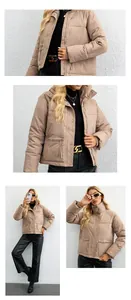 Collage detallado de una chaqueta acolchada corta beige de mujer con cuello alto