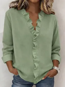 Elegant casual green women's long sleeve cotton shirt with ruffle trim and V-neck