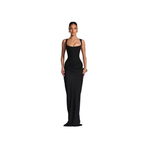 Elegant black slim fit corset maxi dress with fishbone straps for spring 2026