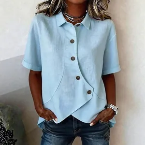 Casual light blue short sleeve shirt with unique irregular hem design for women
