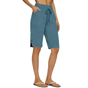 Short décontracté en lin bleu pour femme avec cordon de serrage et poches latérales pratiques