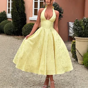 Women Halter V-Neck Jacquard Dress Elegant Backless Big Swing Evening Gown Sleeveless A-Line Midi Dress For Banquet Party