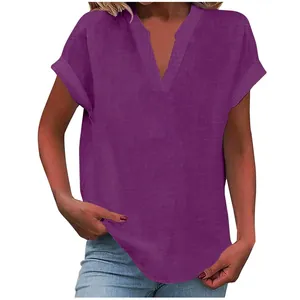 Women's casual V-neck short sleeve linen blouse in solid purple, relaxed summer fit.