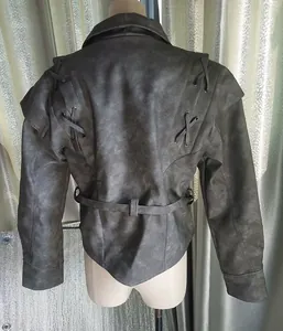 Detailed back view of a vintage faux leather jacket featuring lacing and a waist belt.