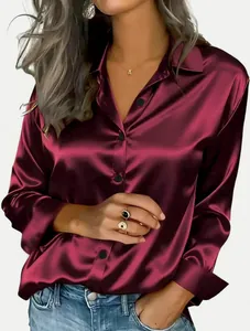 Elegant burgundy satin long-sleeve blouse for women in casual commute style.