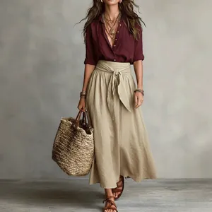Bohemian style women's two-piece set featuring maroon shirt and beige tie-waist maxi skirt