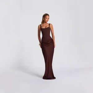 Elegant brown slim-fit fishbone corset maxi dress with draped skirt