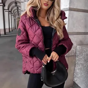 Women's Diamond Quilted Hooded Padded Coat Autumn Winter Loose Warm Jacket Solid Color Long Sleeve Zipper Puffer Jacket