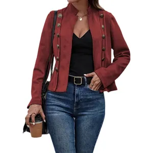 Veste rétro femme en daim bordeaux avec boutons métalliques à double boutonnage