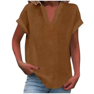 Close-up of women's casual V-neck solid brown summer blouse with linen texture