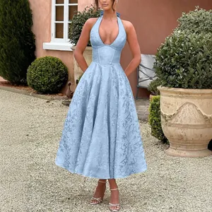 Elegant light blue V-neck halter jacquard maxi dress for evening parties and galas