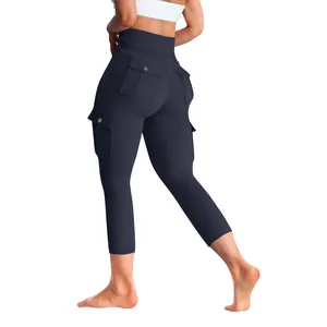 High-waisted navy blue cargo yoga pants with pockets and butt-lifting design