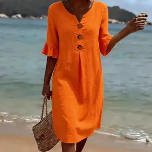 Casual orange cotton linen V-neck dress with decorative buttons and ruffle sleeves