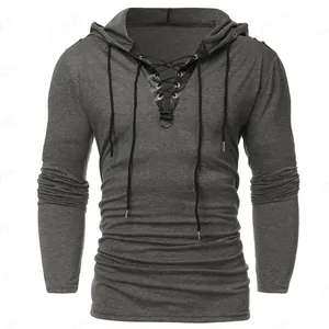 Felpa grigia vintage da uomo con elegante dettaglio scollatura stringata in pelle