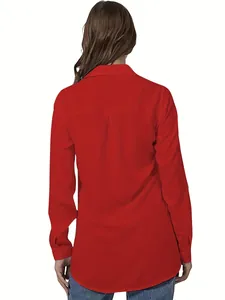 Back view of an elegant long-sleeved red blouse for women with a relaxed fit