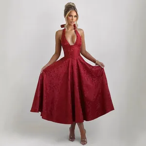 Elegant red halter neck jacquard V-neck backless evening gown sleeveless maxi dress