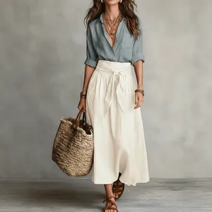 Elegant boho chic blue shirt and white tie-waist maxi skirt two-piece set for women