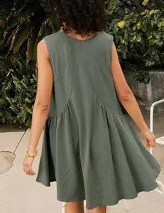 Detailed back view of a dark olive green sleeveless flared pleated casual dress