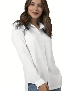 Elegant white button-down shirt for women featuring a long-line fit and soft, drapey fabric