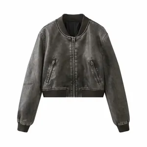 Giacca bomber corta grigio invecchiato con colletto a costine e tasche con zip