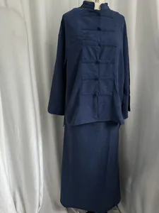 Navy blue New Chinese style linen-like two-piece set featuring frog buttons and a long skirt