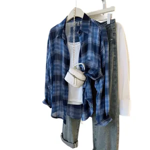 Lightweight plaid chiffon sunscreen shirt for women, loose summer casual blouse jacket