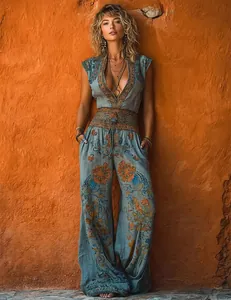 Full view of stylish boho floral print V-neck jumpsuit for women in summer fashion style.