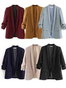 Chaqueta Americana de Mujer con Manga Fruncida Frente Abierto Cuello Chal Largo Medio Chaqueta Casual Ajustada Color Sólido Primavera