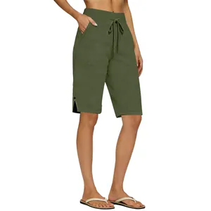 Short décontracté en coton et lin vert olive pour femme avec cordon de serrage et poches