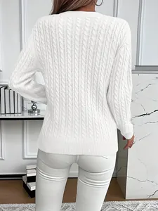 Back view of classic white cable-knit sweater with round neck and slim fit design