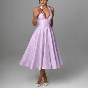 Elegant lavender halter V-neck jacquard evening dress for women with flared skirt