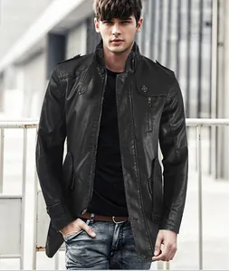 Detail view of a men's slim fit mid-length black faux leather jacket with stand collar