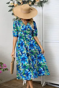Fashionable blue floral print midi dress for women featuring a V-neck and waisted design