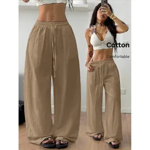 Casual and comfortable cotton linen wide leg trousers for women with elastic drawstring waist