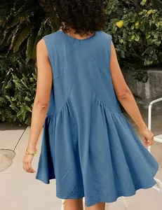 Detailed back view of a chic blue sleeveless pleated swing dress with a flowy hem