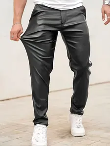 Detailed view of men's black slim fit PU leather pants showing excellent fabric stretch