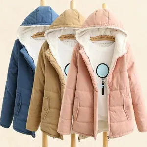 Women Winter Thickened Hooded Puffer Jacket Fleece Lining Warm Solid Color Quilted Parka Long Sleeve Bread Coat Outerwear