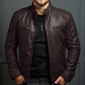 Detail einer dunkelbraunen, schmal geschnittenen Herren-Lederjacke mit Stehkragen