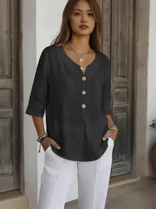 Camicetta da Donna Casual Tinta Unita Scollo a V Bottoni Manica a 3/4 in Cotone Poliestere Camicia Larga Top Estivo per Abbigliamento Donna