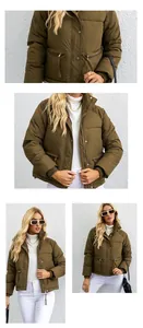Collage que muestra detalles de una chaqueta acolchada de mujer en verde oliva.
