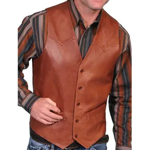 Detailansicht einer braunen Herren-Lederweste im Retro-Stil mit Einreiher-Knöpfen