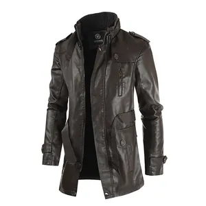 Detailed view of dark brown men's mid-length faux leather jacket with stand collar